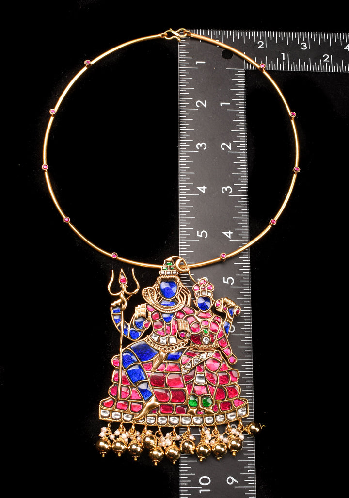 Lord Shiva and parvathiy Devi Jadau Pendant with Multicolor Stones on Wire Base pendant and dangling beads