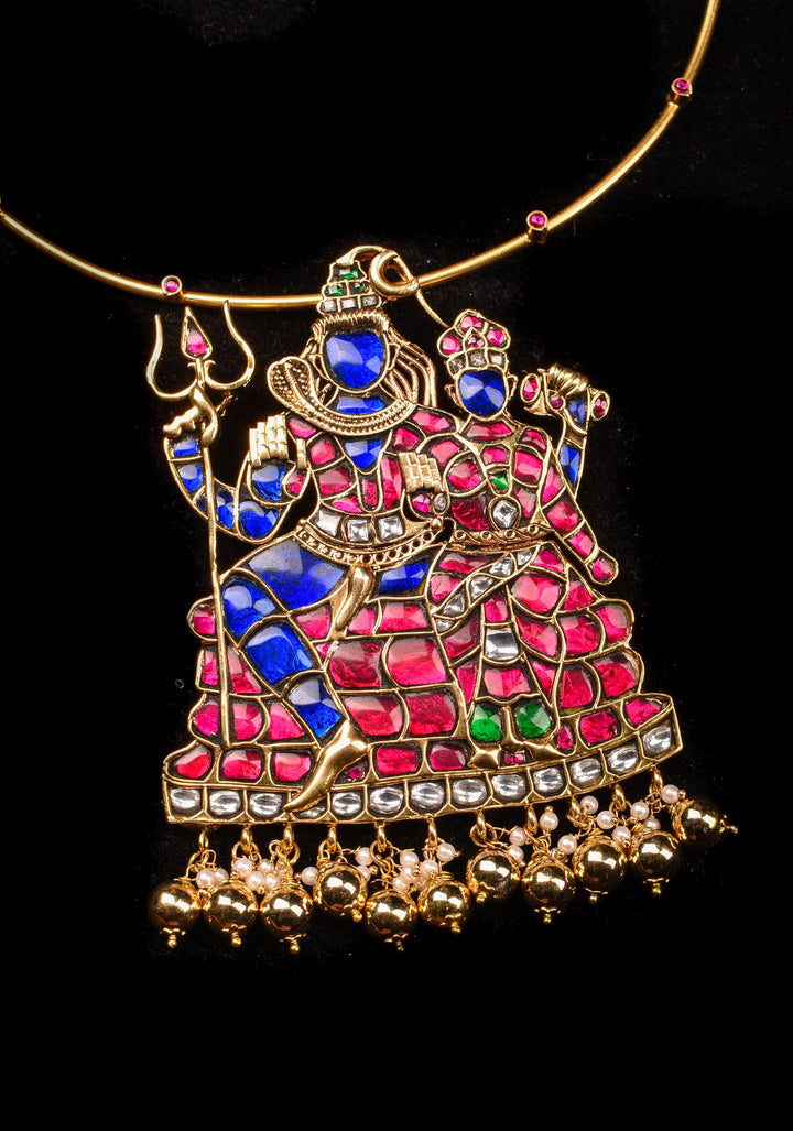 Lord Shiva and parvathiy Devi Jadau Pendant with Multicolor Stones on Wire Base pendant and dangling beads