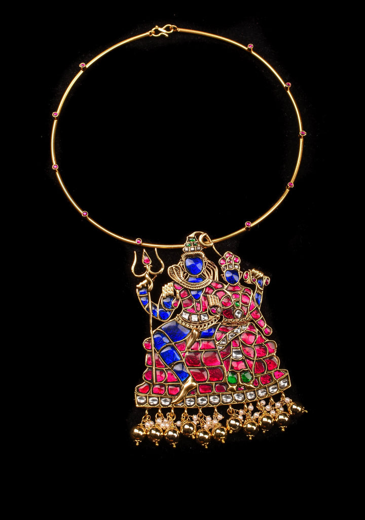 Lord Shiva and parvathiy Devi Jadau Pendant with Multicolor Stones on Wire Base pendant and dangling beads