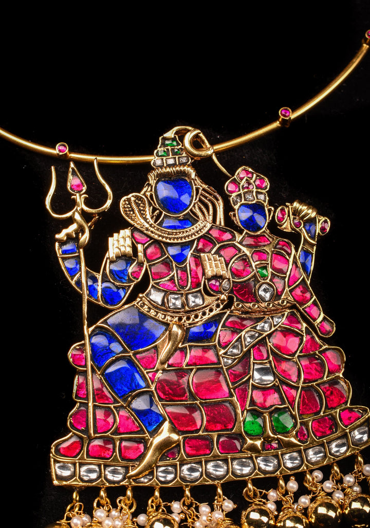Lord Shiva and parvathiy Devi Jadau Pendant with Multicolor Stones on Wire Base pendant and dangling beads
