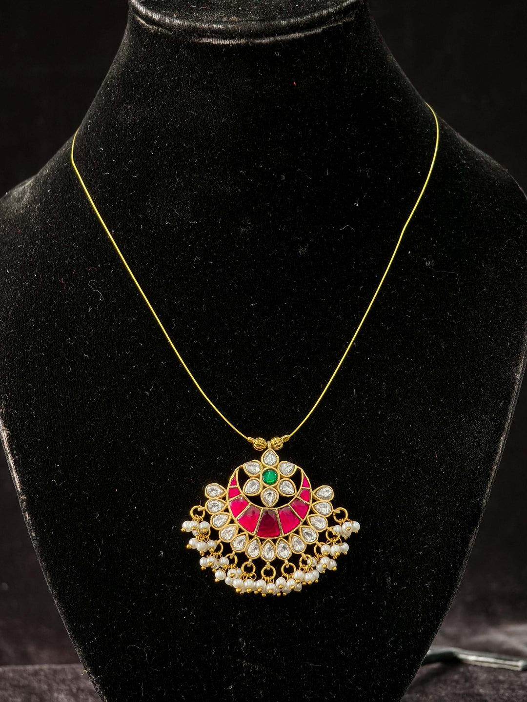 Invisible wire design Padakkam Pendant with Jadau Pink,Green and white stone Dangling Pearls