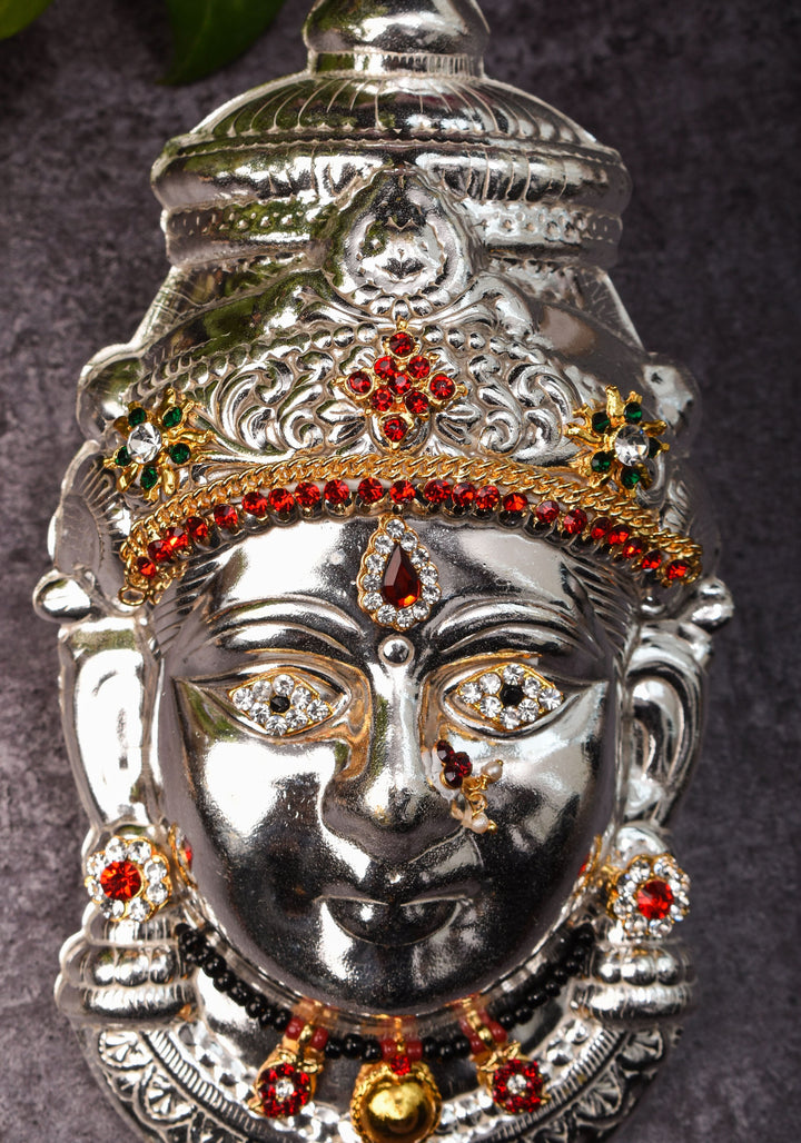 Varalakshmi Face  6 inches, for Pooja in Silver Tone Metal adorned with mangalsutra and light jewels | SHOBITAM