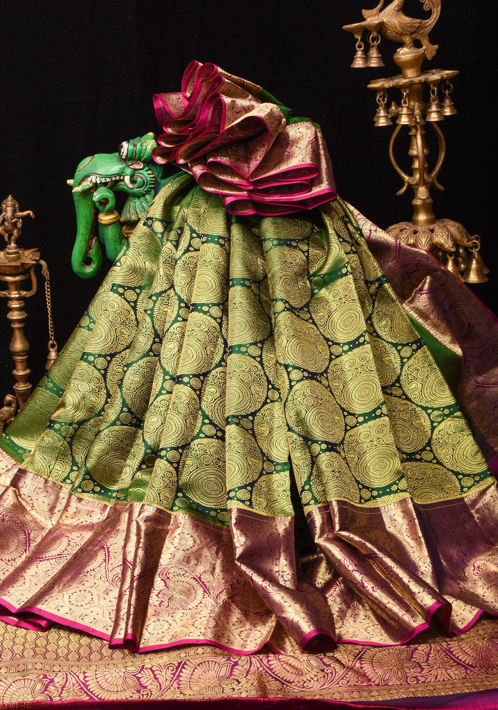 Green Tone Zari Floral Spiral Brocade Pure Kanjivaram Silk Saree with Contrast Zari Border | SILK MARK CERTIFIED