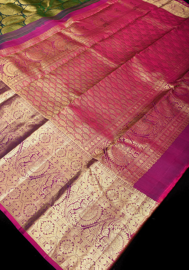 Green Tone Zari Floral Spiral Brocade Pure Kanjivaram Silk Saree with Contrast Zari Border | SILK MARK CERTIFIED