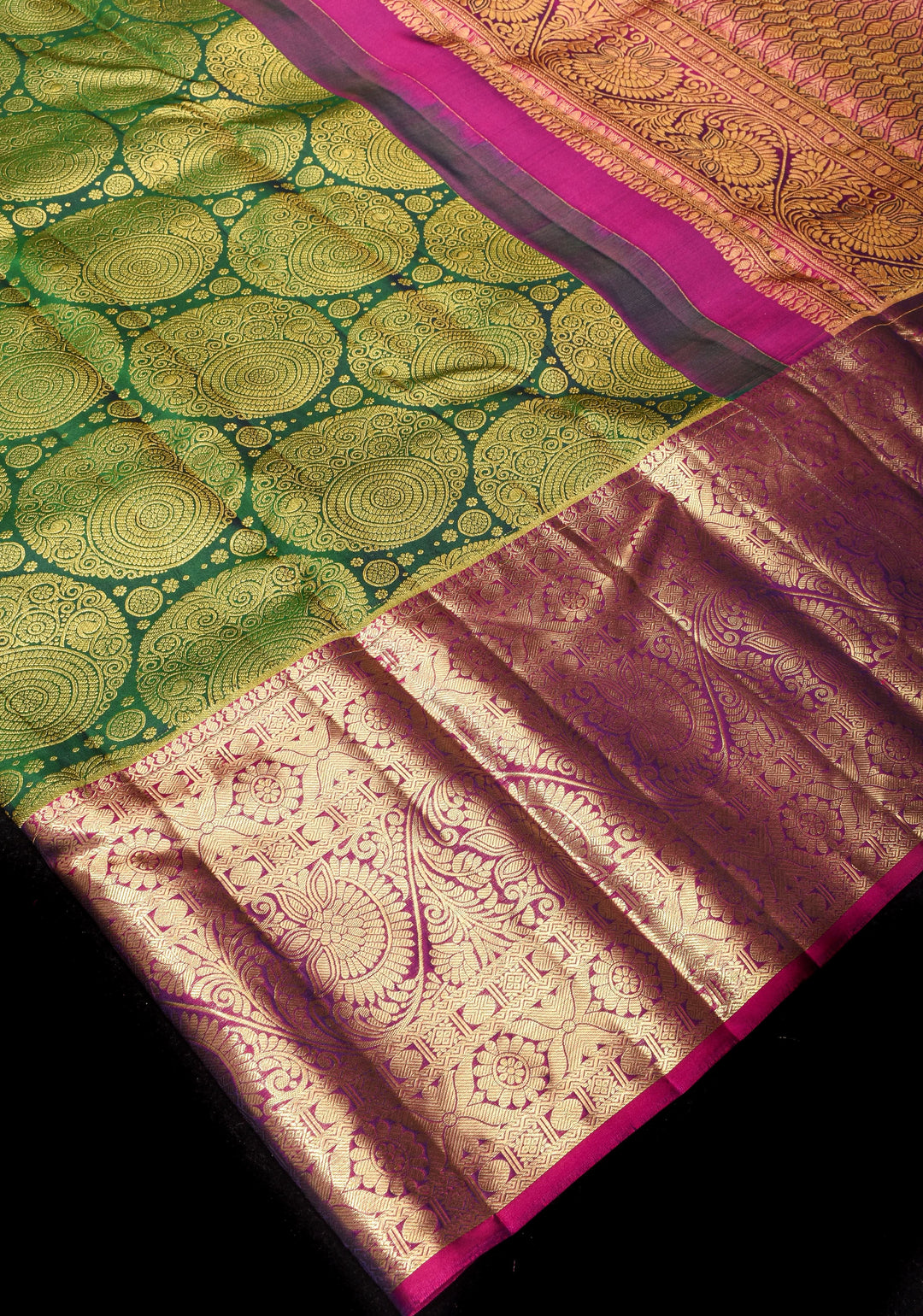 Green Tone Zari Floral Spiral Brocade Pure Kanjivaram Silk Saree with Contrast Zari Border | SILK MARK CERTIFIED