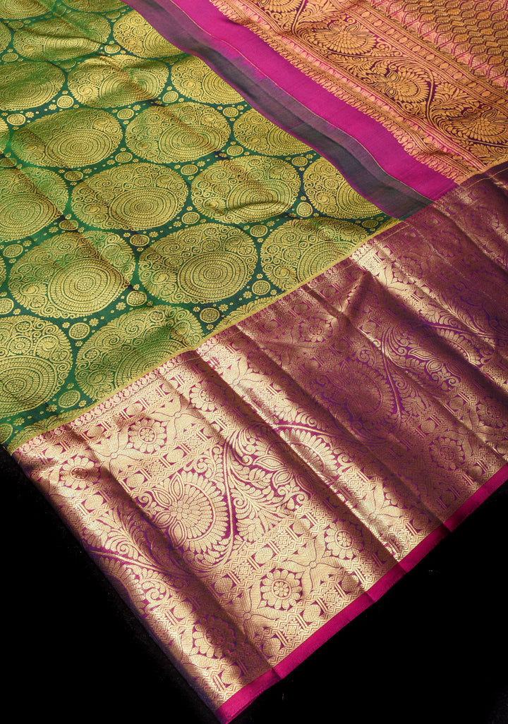 Green Tone Zari Floral Spiral Brocade Pure Kanjivaram Silk Saree with Contrast Zari Border | SILK MARK CERTIFIED