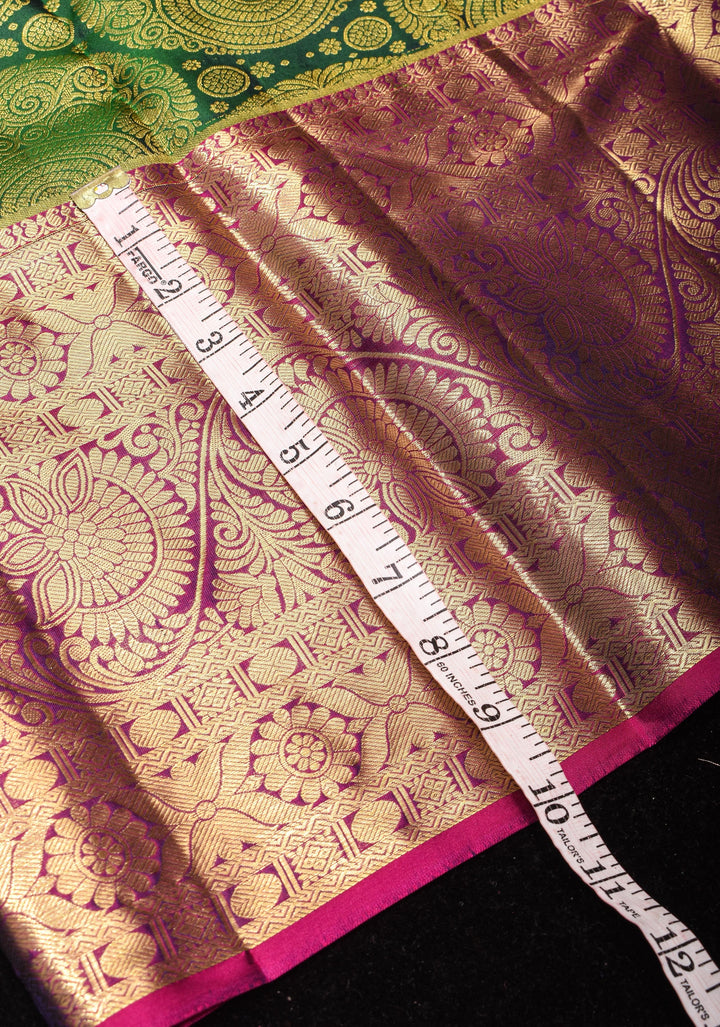 Green Tone Zari Floral Spiral Brocade Pure Kanjivaram Silk Saree with Contrast Zari Border | SILK MARK CERTIFIED