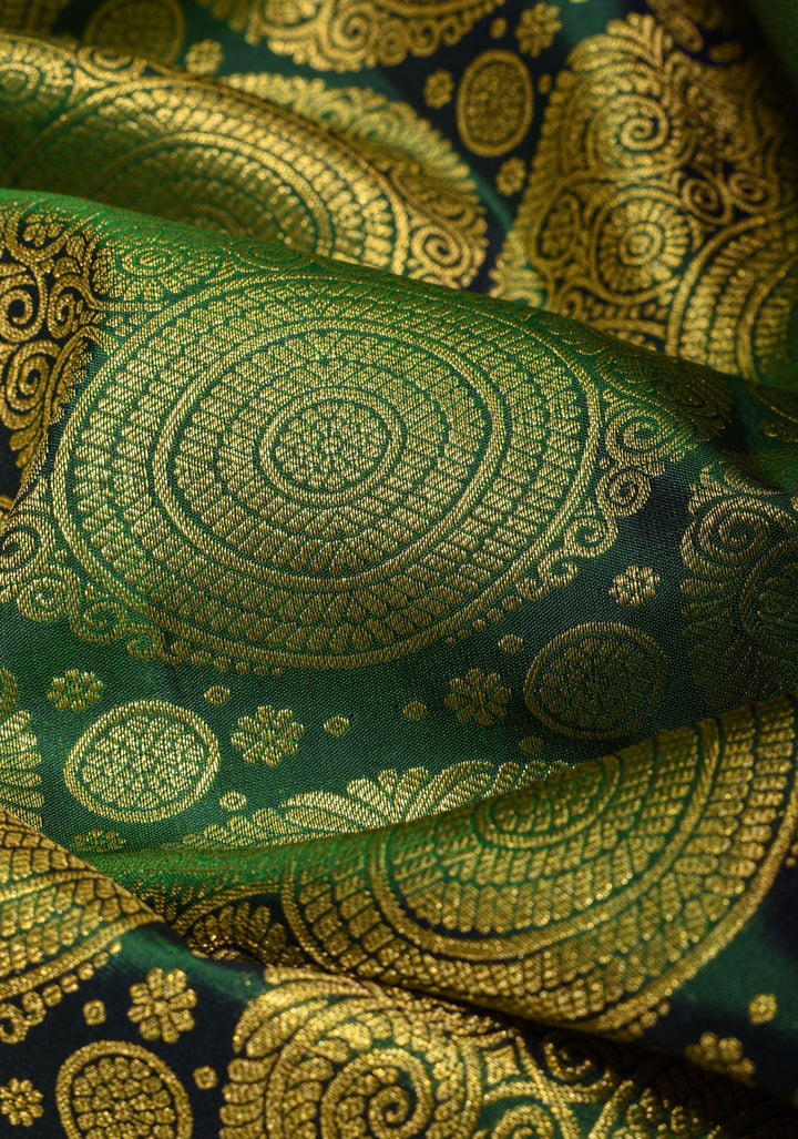 Green Tone Zari Floral Spiral Brocade Pure Kanjivaram Silk Saree with Contrast Zari Border | SILK MARK CERTIFIED