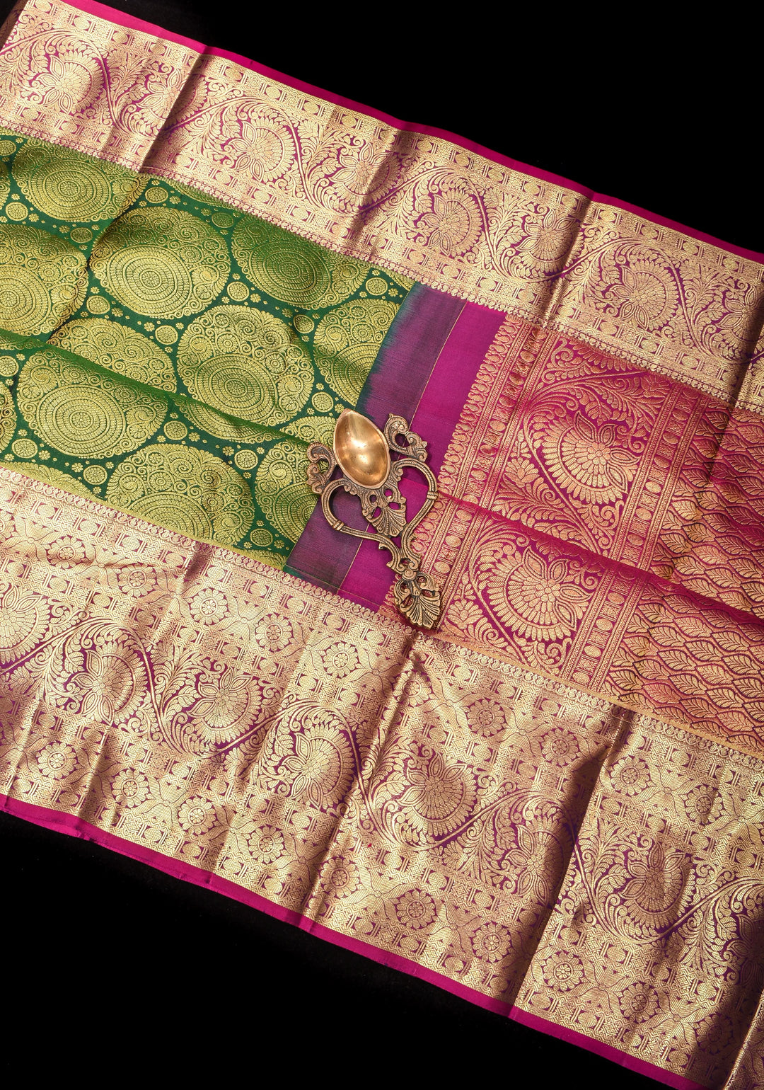 Green Tone Zari Floral Spiral Brocade Pure Kanjivaram Silk Saree with Contrast Zari Border | SILK MARK CERTIFIED