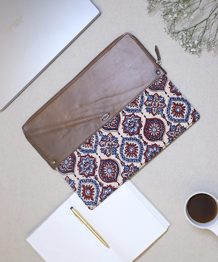 Moroccan Modal Silk Ajrakh with Pure Leather Zipper Closure Laptop Sleeve | SHOBITAM