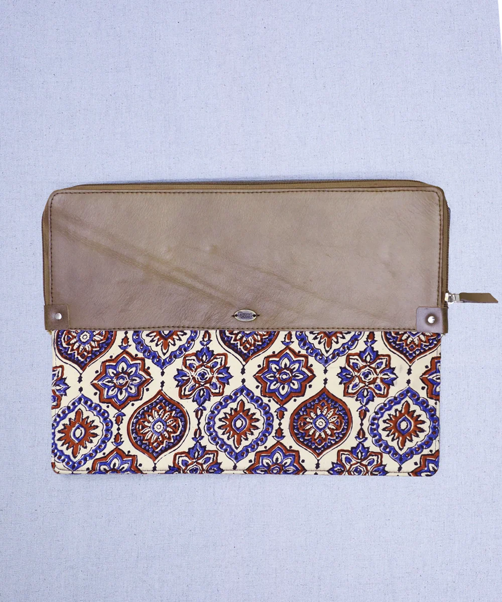 Moroccan Modal Silk Ajrakh with Pure Leather Zipper Closure Laptop Sleeve | SHOBITAM