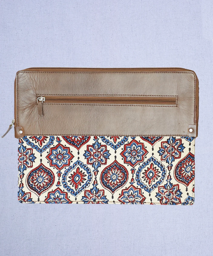 Moroccan Modal Silk Ajrakh with Pure Leather Zipper Closure Laptop Sleeve | SHOBITAM