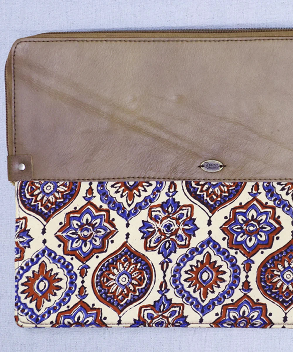 Moroccan Modal Silk Ajrakh with Pure Leather Zipper Closure Laptop Sleeve | SHOBITAM