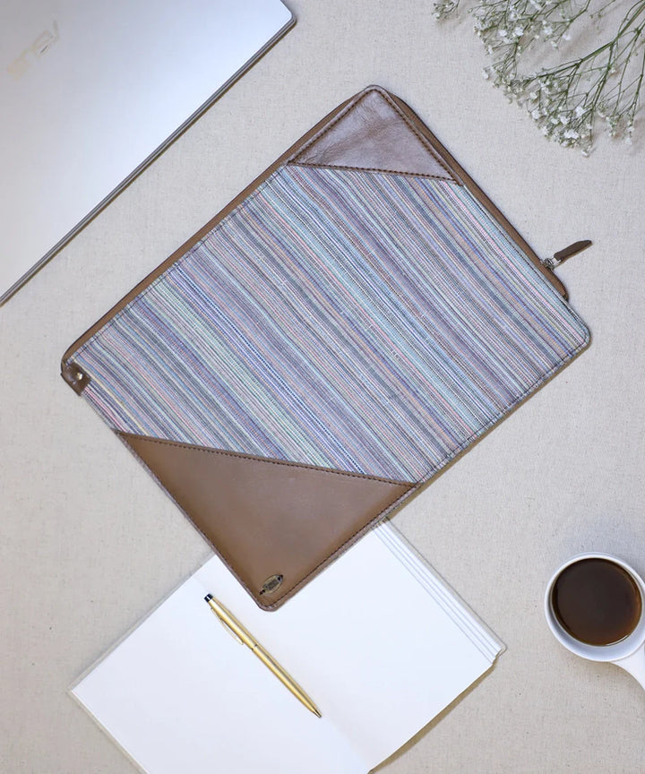 Striped Handloom with Pure Leather Handcrafted Zipper Closure Laptop Sleeve