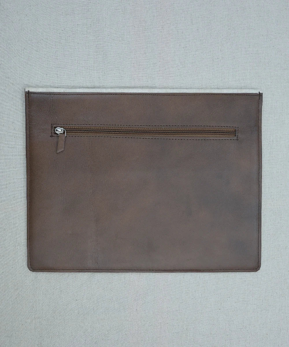 White Jacquard with Pure Leather Handcrafted Laptop Sleeve | Magnetic Button Closure