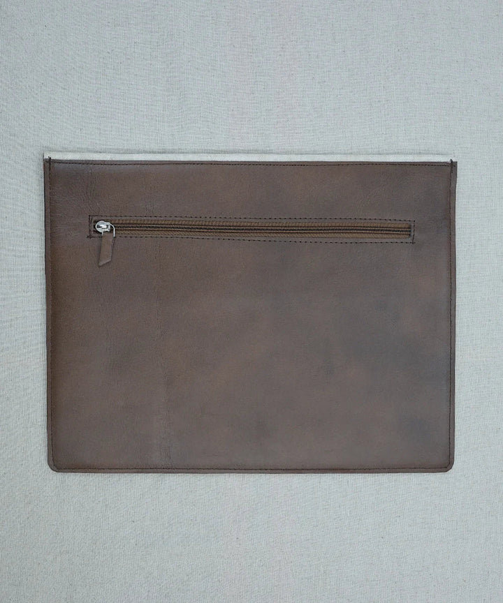 White Jacquard with Pure Leather Handcrafted Laptop Sleeve | Magnetic Button Closure