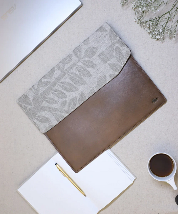Grey Jacquard with Pure Leather Handcrafted Laptop Sleeve | Magnetic Button Closure | SHOBITAM