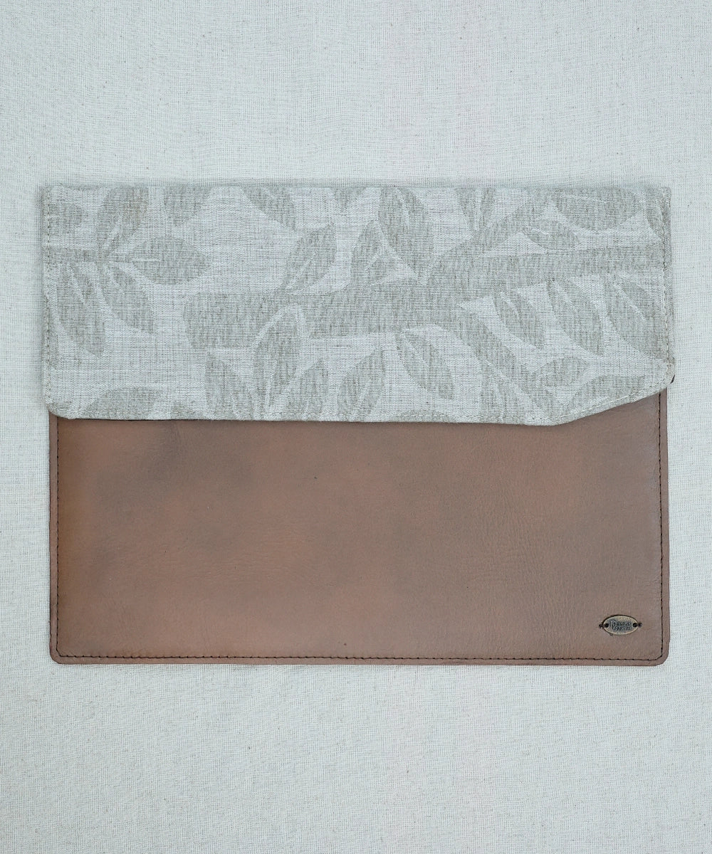 Grey Jacquard with Pure Leather Handcrafted Laptop Sleeve | Magnetic Button Closure | SHOBITAM