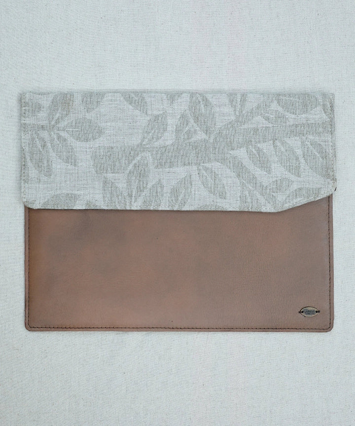 Grey Jacquard with Pure Leather Handcrafted Laptop Sleeve | Magnetic Button Closure | SHOBITAM