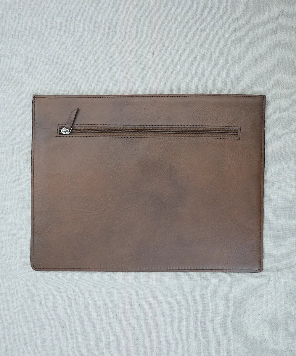 Grey Jacquard with Pure Leather Handcrafted Laptop Sleeve | Magnetic Button Closure | SHOBITAM