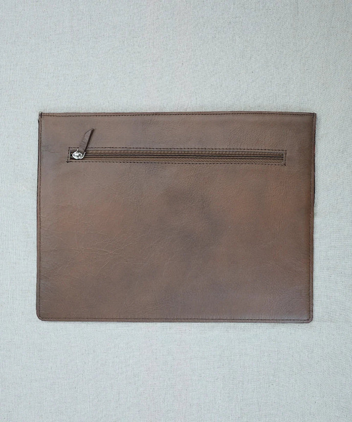 Grey Jacquard with Pure Leather Handcrafted Laptop Sleeve | Magnetic Button Closure | SHOBITAM
