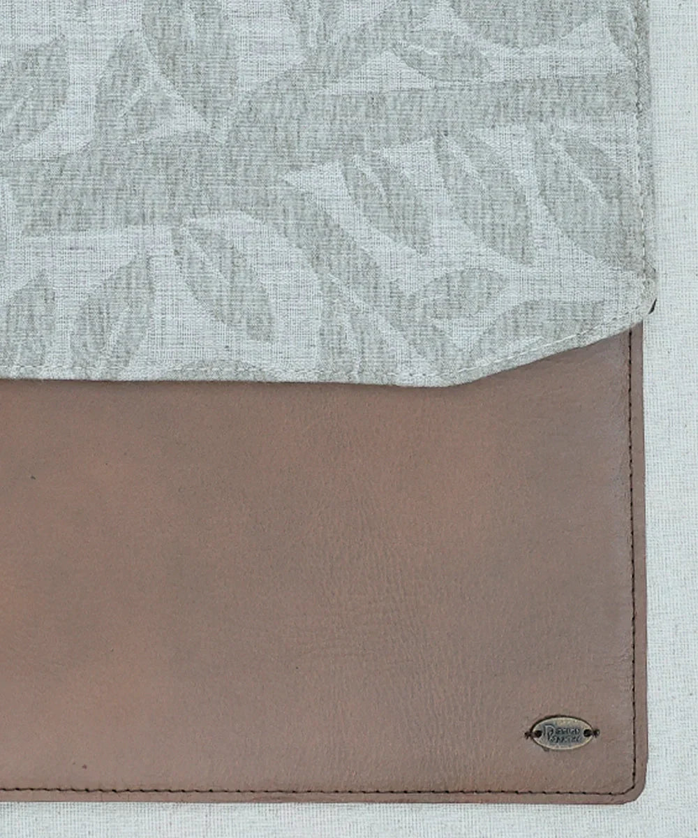 Grey Jacquard with Pure Leather Handcrafted Laptop Sleeve | Magnetic Button Closure | SHOBITAM