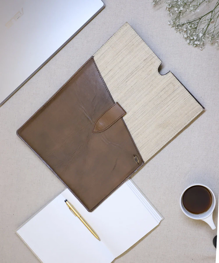 Everyday Beige Handloom with Pure Leather Slip on Laptop Case | SHOBITAM