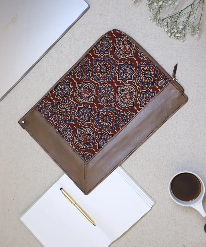 Brown Modal Silk Ajrakh with Pure Leather Handcrafted Laptop Sleeve | Zipper Closure | SHOBITAM