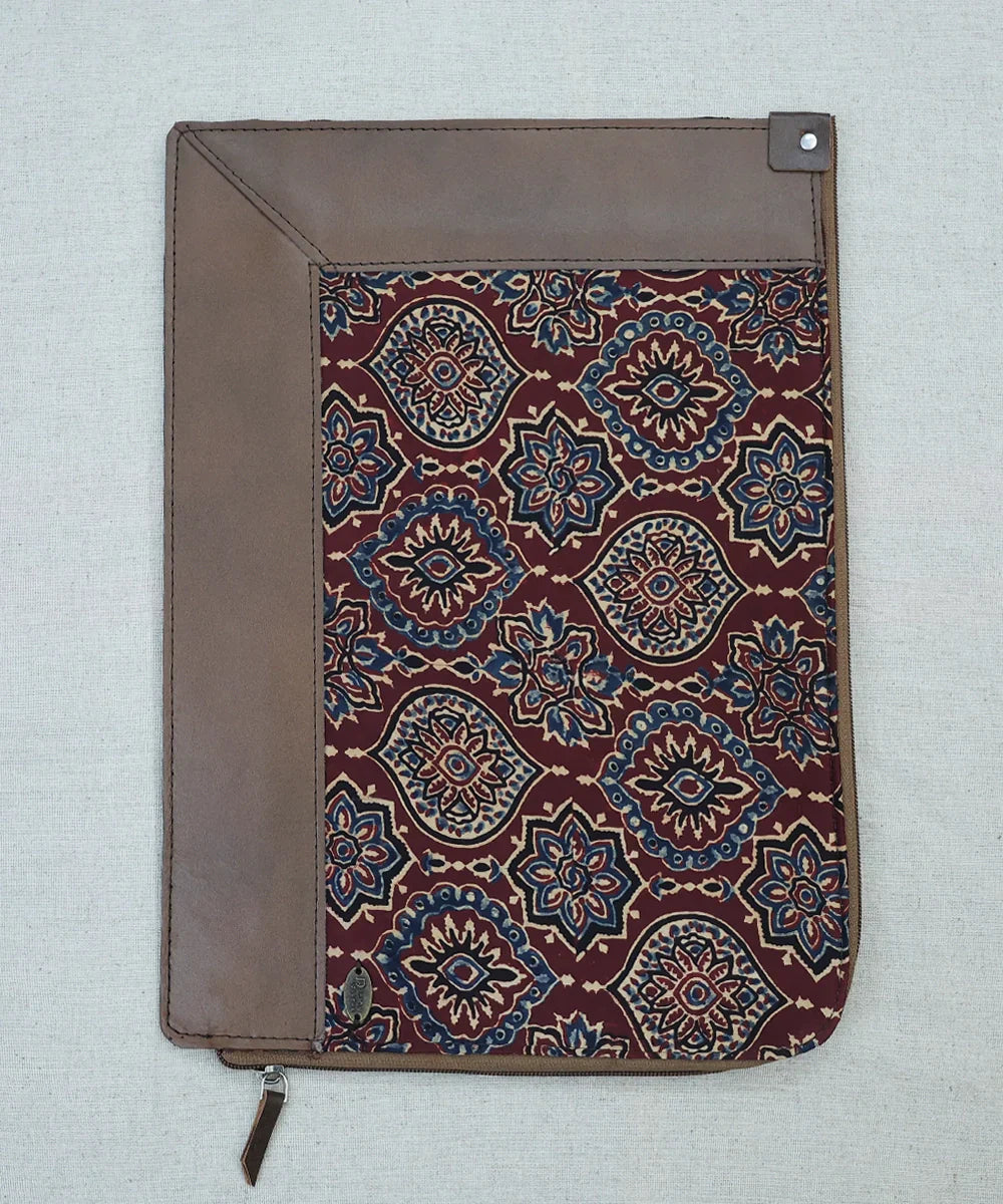 Brown Modal Silk Ajrakh with Pure Leather Handcrafted Laptop Sleeve | Zipper Closure | SHOBITAM