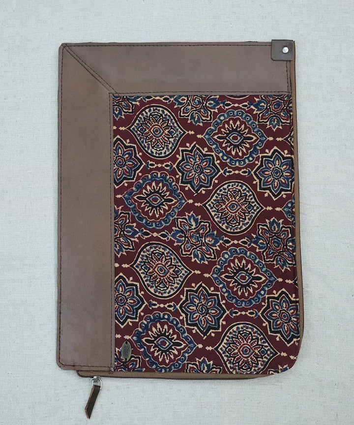 Brown Modal Silk Ajrakh with Pure Leather Handcrafted Laptop Sleeve | Zipper Closure | SHOBITAM