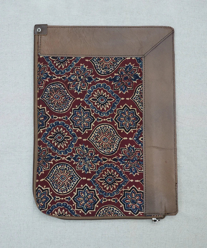 Brown Modal Silk Ajrakh with Pure Leather Handcrafted Laptop Sleeve | Zipper Closure | SHOBITAM