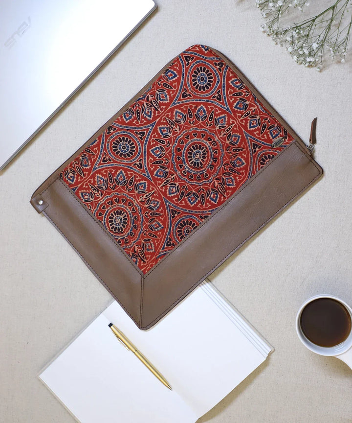 Red Ajrakh with Pure Leather Handcrafted Laptop Sleeve | Zipper Closure | SHOBITAM