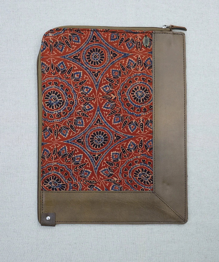 Red Ajrakh with Pure Leather Handcrafted Laptop Sleeve | Zipper Closure | SHOBITAM