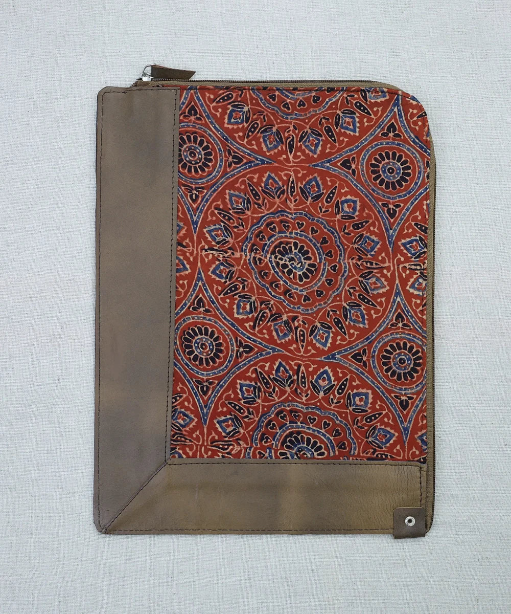 Red Ajrakh with Pure Leather Handcrafted Laptop Sleeve | Zipper Closure | SHOBITAM