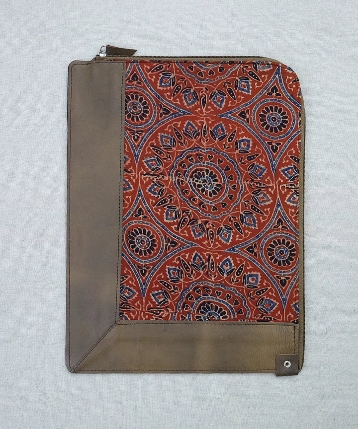 Red Ajrakh with Pure Leather Handcrafted Laptop Sleeve | Zipper Closure | SHOBITAM