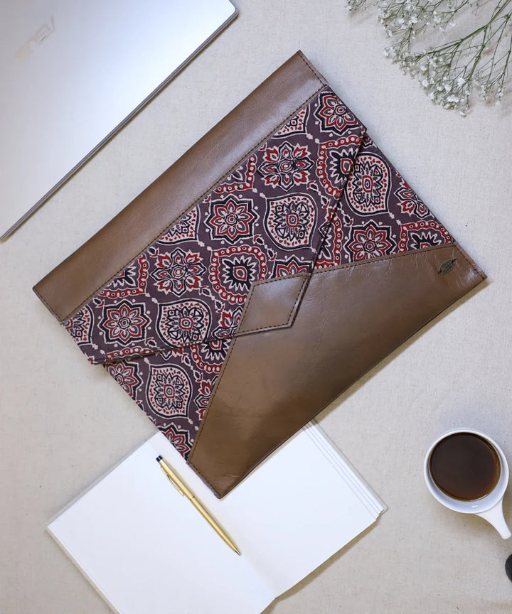 Moroccan Brown Modal Silk Ajrakh with Pure Leather Handcrafted Laptop Sleeve | Button Closure | SHOBITAM