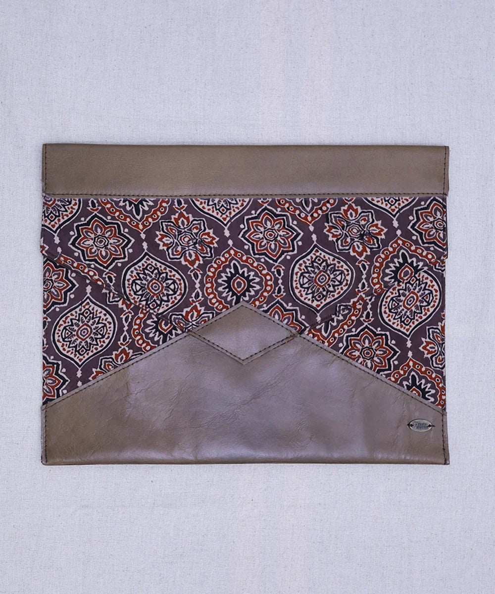 Moroccan Brown Modal Silk Ajrakh with Pure Leather Handcrafted Laptop Sleeve | Button Closure | SHOBITAM