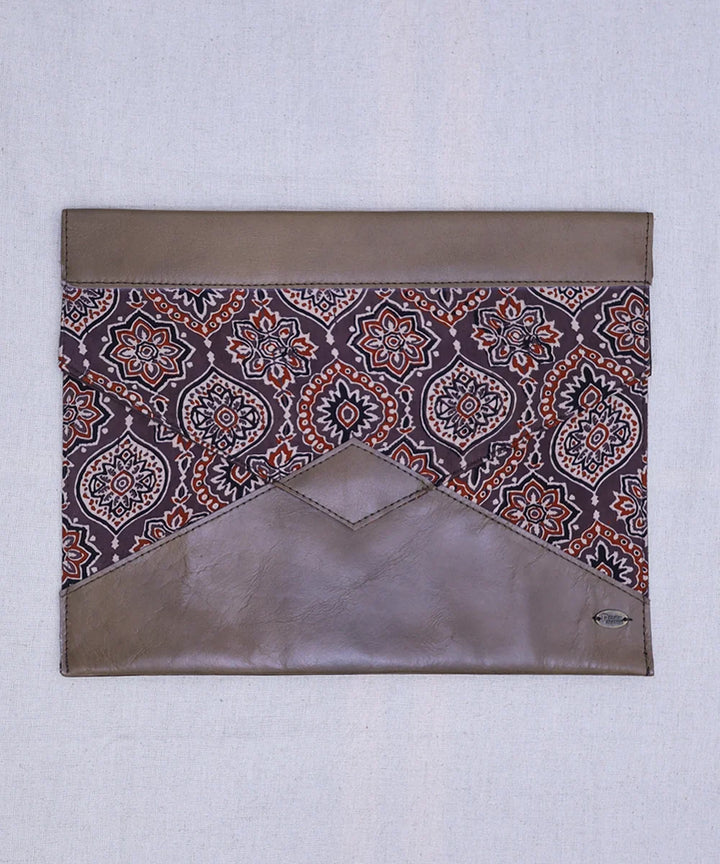 Moroccan Brown Modal Silk Ajrakh with Pure Leather Handcrafted Laptop Sleeve | Button Closure | SHOBITAM
