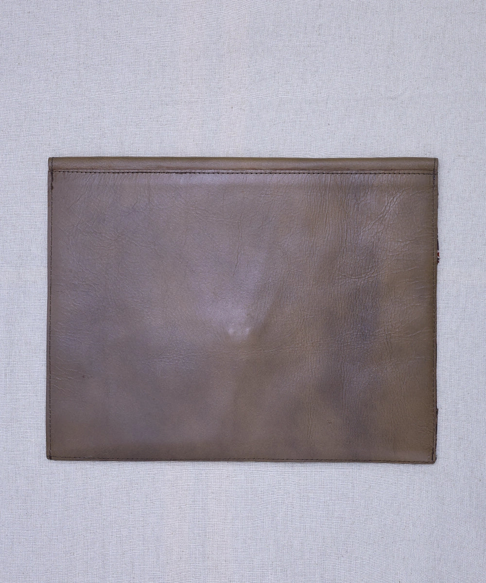 Moroccan Brown Modal Silk Ajrakh with Pure Leather Handcrafted Laptop Sleeve | Button Closure | SHOBITAM