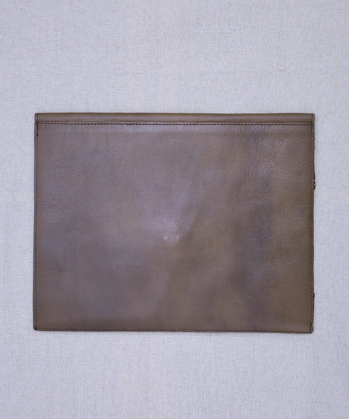 Moroccan Brown Modal Silk Ajrakh with Pure Leather Handcrafted Laptop Sleeve | Button Closure | SHOBITAM
