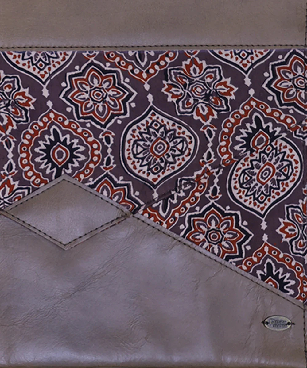 Moroccan Brown Modal Silk Ajrakh with Pure Leather Handcrafted Laptop Sleeve | Button Closure | SHOBITAM