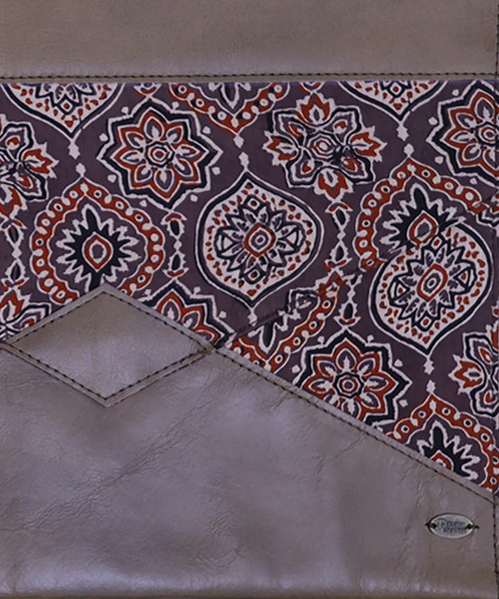Moroccan Brown Modal Silk Ajrakh with Pure Leather Handcrafted Laptop Sleeve | Button Closure | SHOBITAM
