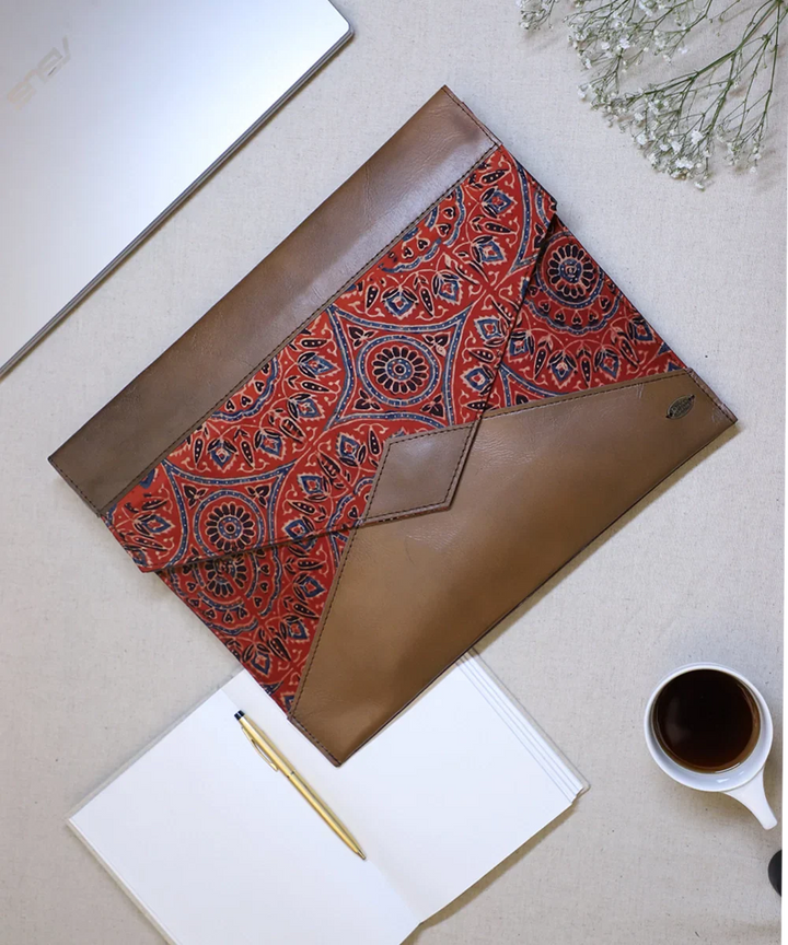 Moroccan Red Modal Silk Ajrakh with Pure Leather Handcrafted Laptop Sleeve | Button Closure | SHOBITAM