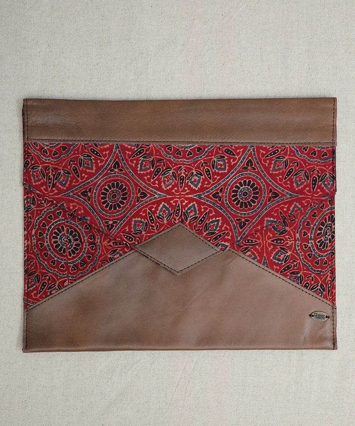 Moroccan Red Modal Silk Ajrakh with Pure Leather Handcrafted Laptop Sleeve | Button Closure | SHOBITAM