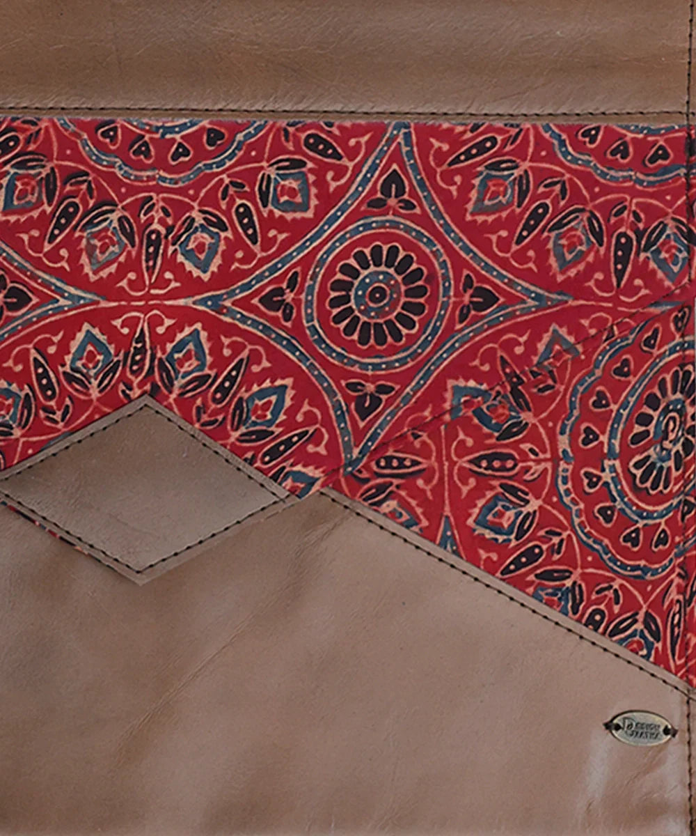 Moroccan Red Modal Silk Ajrakh with Pure Leather Handcrafted Laptop Sleeve | Button Closure | SHOBITAM