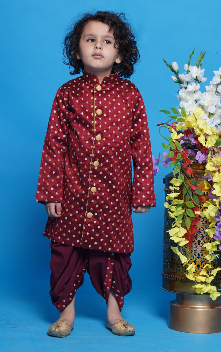 Chand Sitare Sherwani with Golden Buttons and Dhoti - Maroon | SHOBITAM