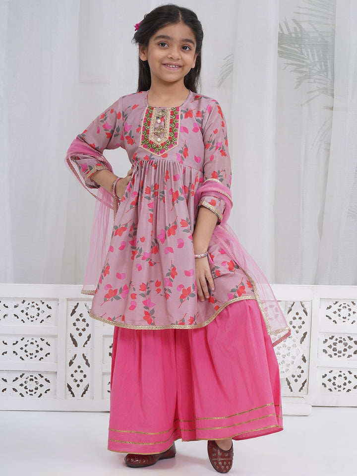 Girls Dusky Rose Muslin Floral Bliss Kurta Sharara Set with Dupatta & Cotton Lining | SHOBITAM