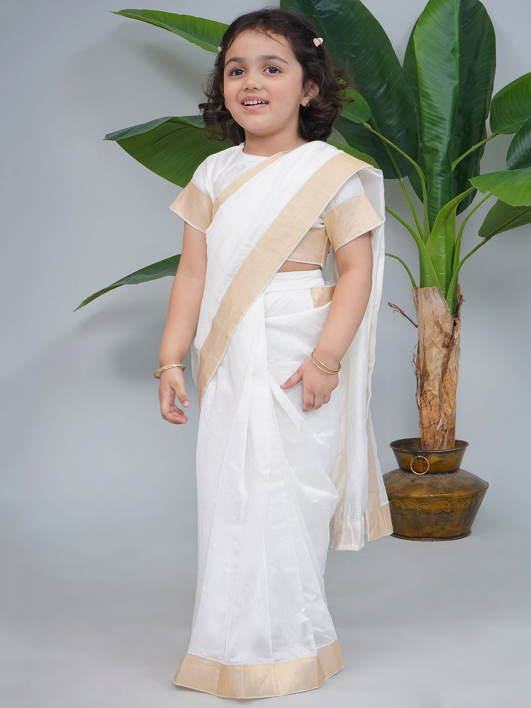 Girls Cream Chanderi Semi-Silk South Indian Saree Set with Stitched Blouse | SHOBITAM