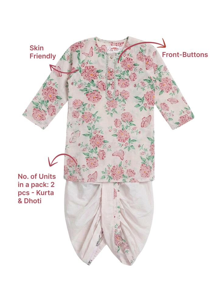 Petal Pink Floral Cotton Kurta with Dhoti | SHOBITAM