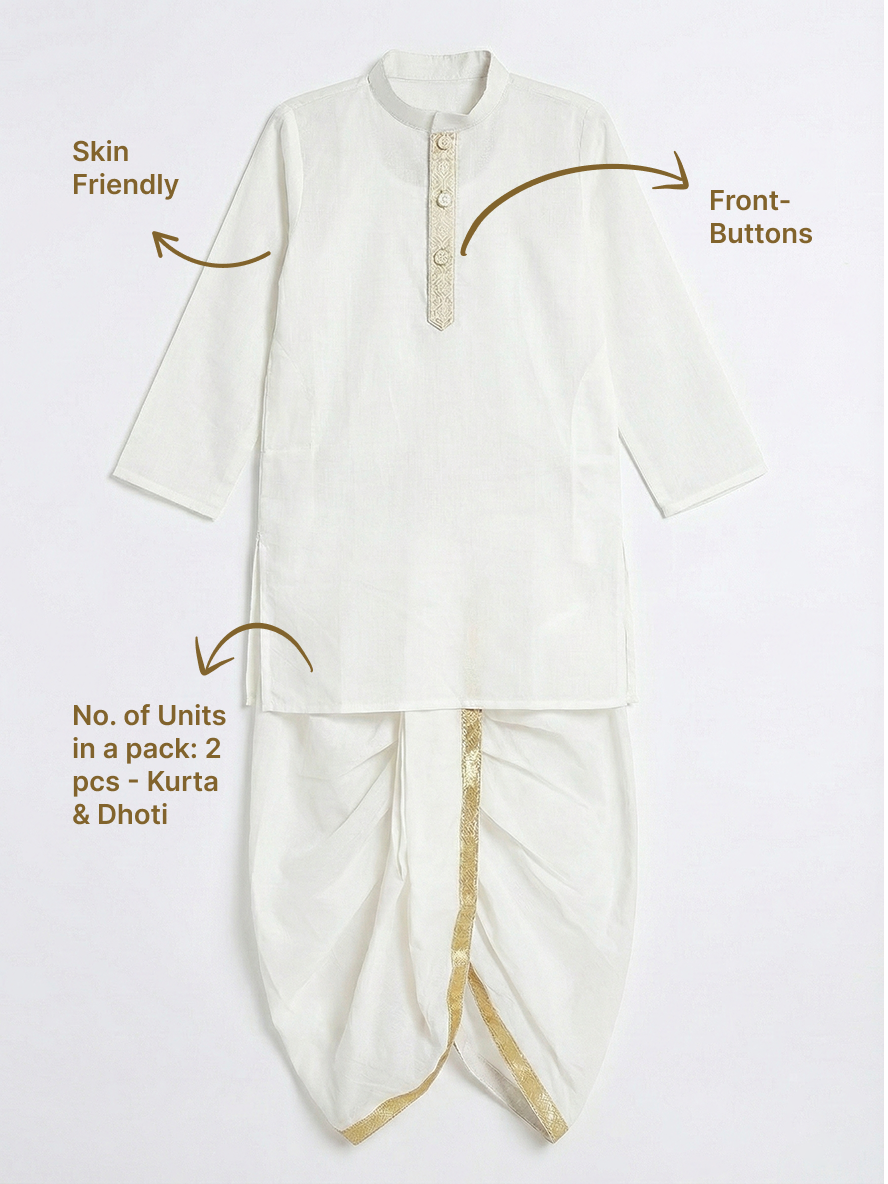 Cream Minimal Zari Embroidery Cotton Kurta Dhoti set | SHOBITAM